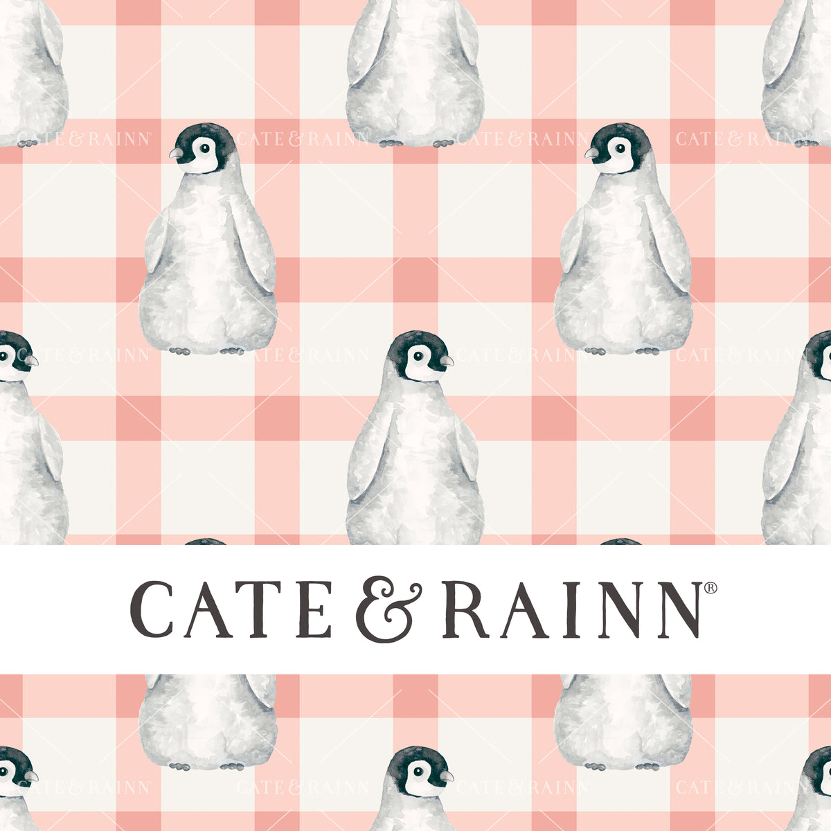 Baby penguin pink plaid seamless pattern design by Cate and Rainn® ©2023