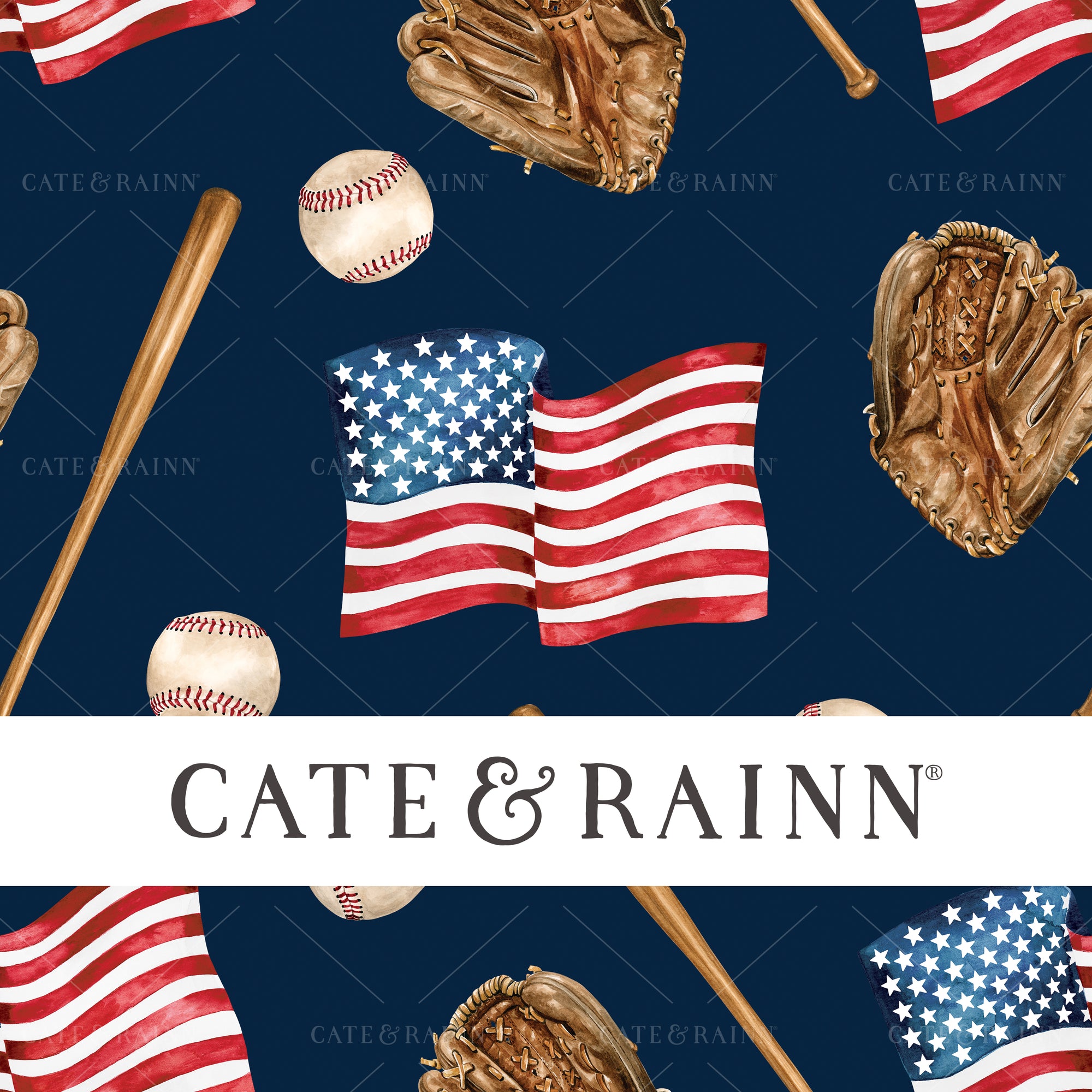 American Flag Baseball Surface Pattern Design by Cate and Rainn®