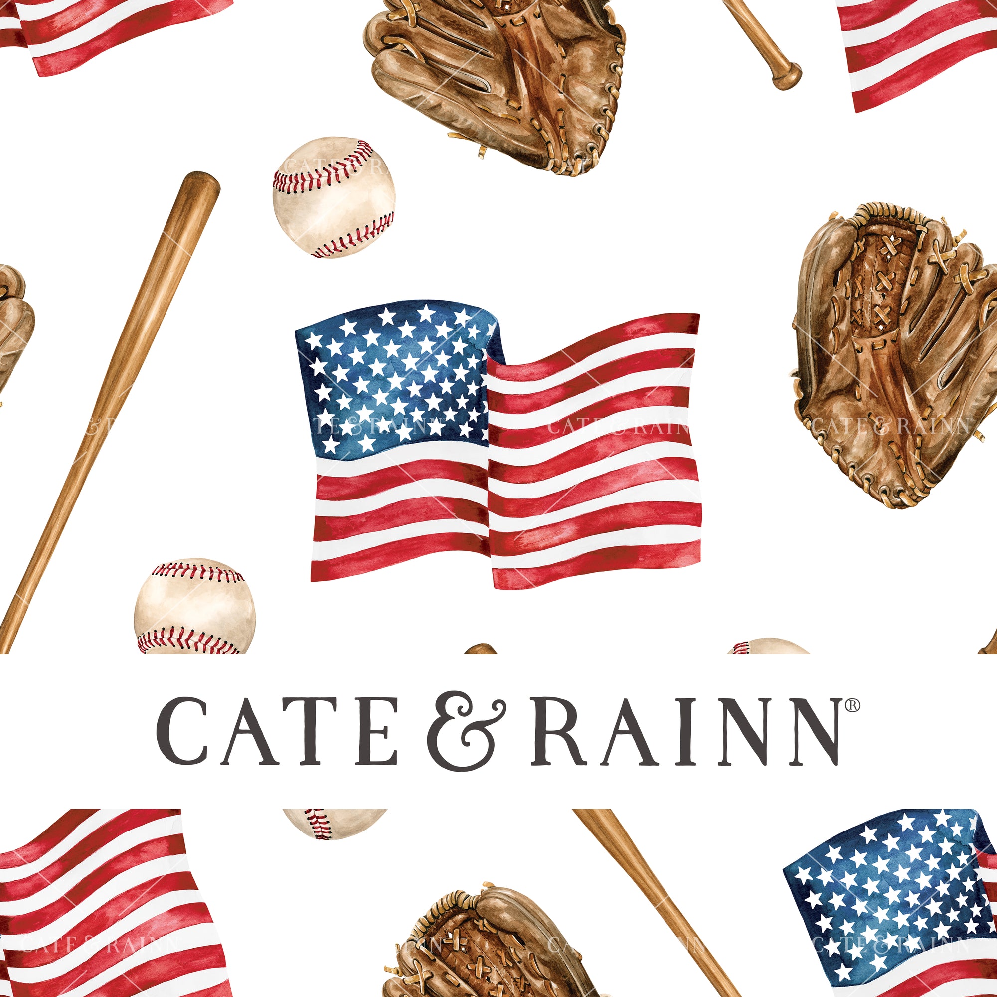 American Flag Baseball Surface Pattern Design by Cate and Rainn®