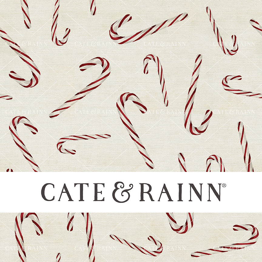Pattern of candy canes with 'Cate &amp; Rainn' branding at the bottom.