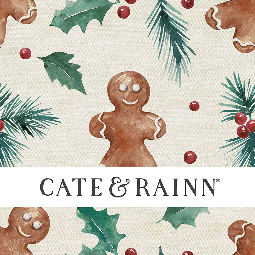 Seamless pattern design with watercolor gingerbread man with holiday greenery on a burlap textured background.