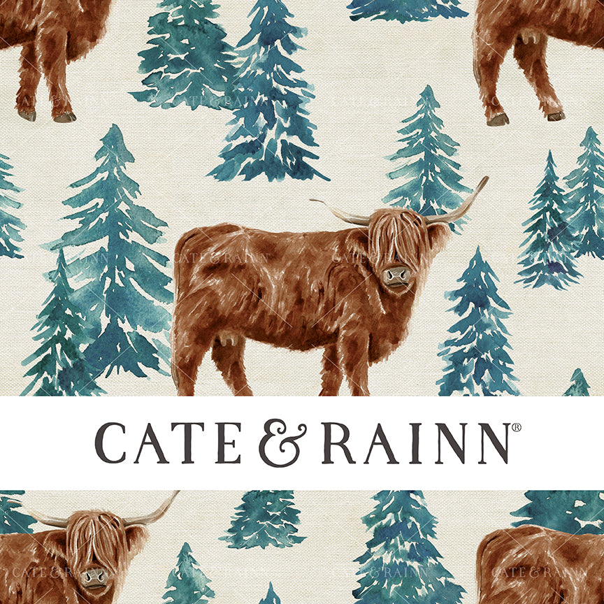 Seamless pattern design featuring a watercolor Highland cow and winter blue Christmas Trees on a rustic burlap textured background.