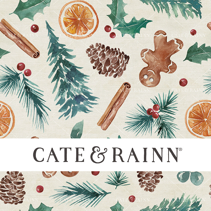 A Christmas seamless pattern design featuring watercolor Christmas trees, gingerbread men, orange slices, cinnamon sticks, holly berries, winter greenery and pinecones.
