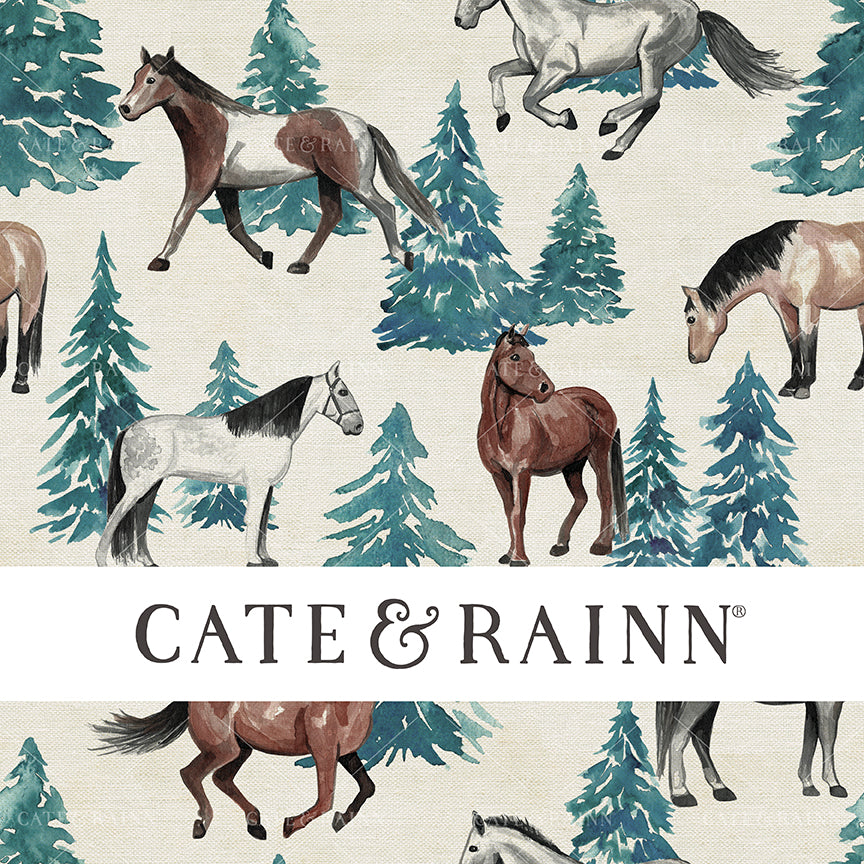Watercolor horses and Christmas trees on a rustic burlap textured background seamless pattern design.