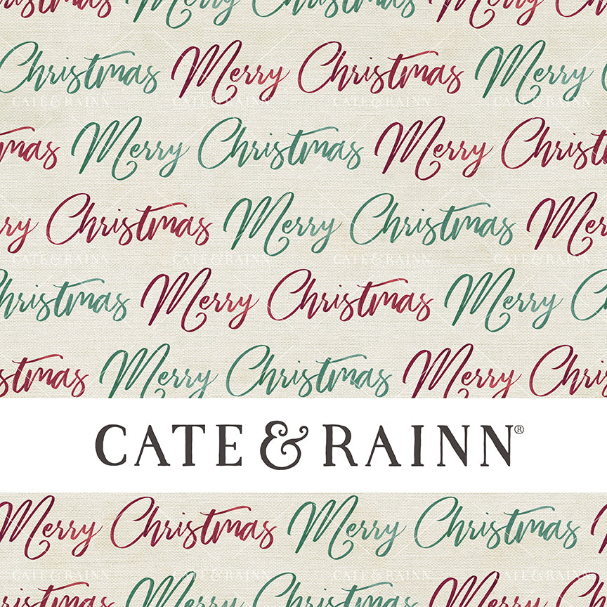 Script lettering "Merry Christmas" with red and green watercolor texture, seamless pattern design on a burlap textured background.