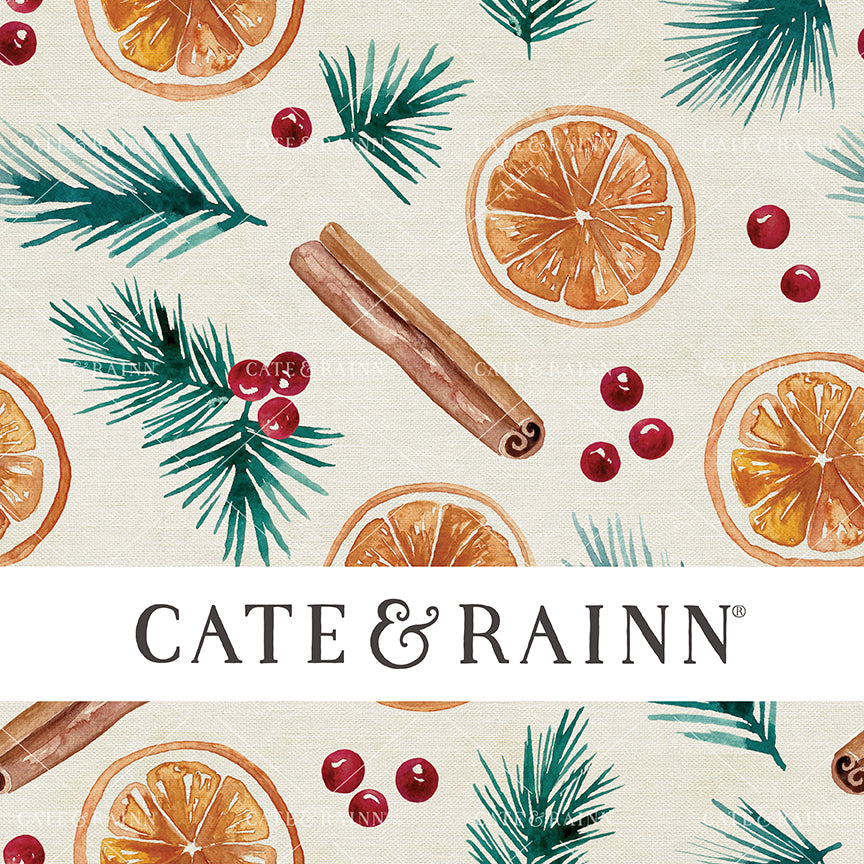 A Christmas seamless pattern design featuring watercolor orange slices, cinnamon sticks, holly berries and winter greenery on a rustic burlap background.