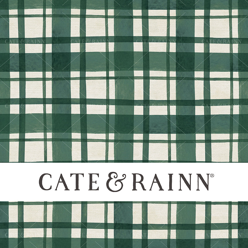 A rustic green and white watercolor farmhouse plaid seamless pattern design on a burlap textured background.