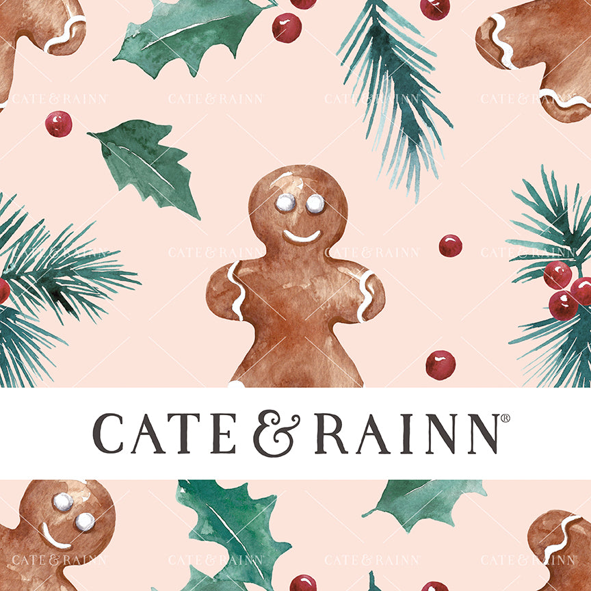 Seamless pattern design with watercolor gingerbread man with holiday greenery on a pink background.