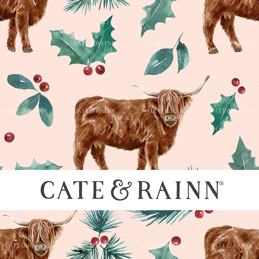 A seamless pattern design featuring a watercolor Highland cow with winter greenery, holly, berries and pine on a pink background.