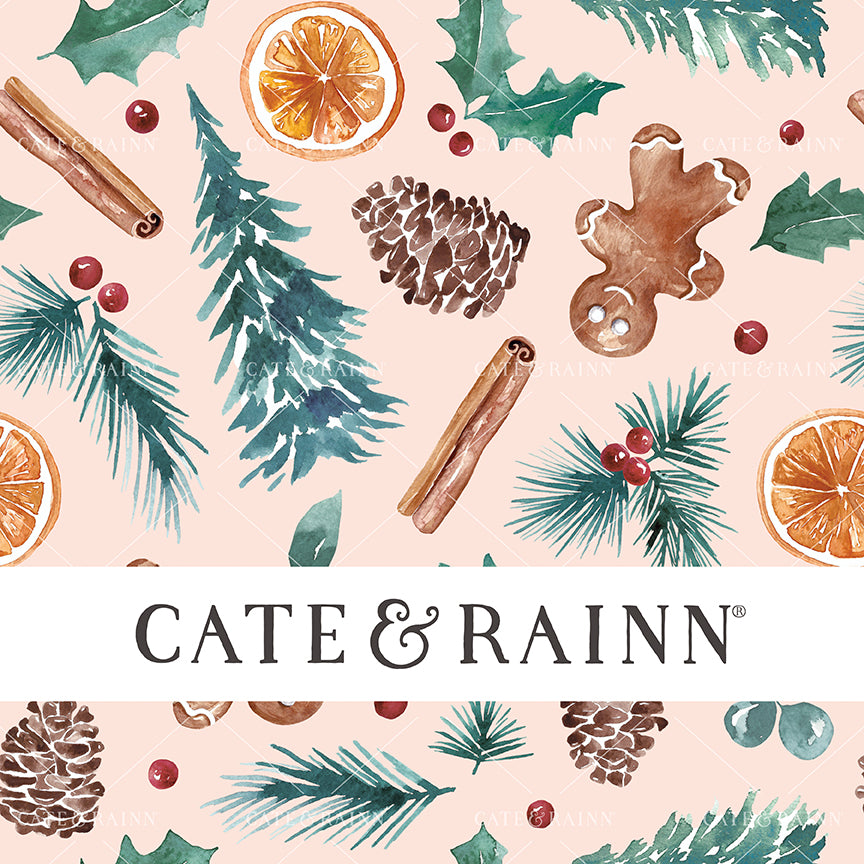 A pink Christmas seamless pattern design featuring watercolor Christmas trees, gingerbread men, orange slices, cinnamon sticks, holly berries, winter greenery and pinecones.