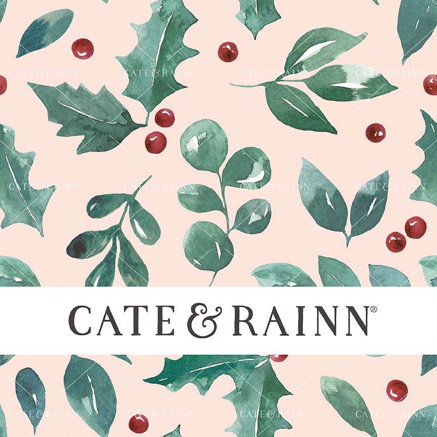 A seamless pattern design featuring watercolor holiday greenery and holly berries on a pink background.