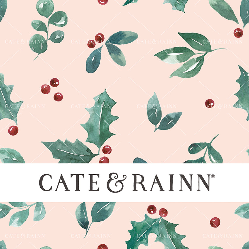 A seamless pattern design featuring watercolor holiday greenery and holly berries on a pink background.