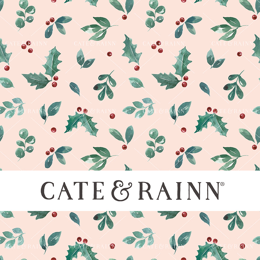 A seamless pattern design featuring watercolor holiday greenery and holly berries on a pink background - small scale version.