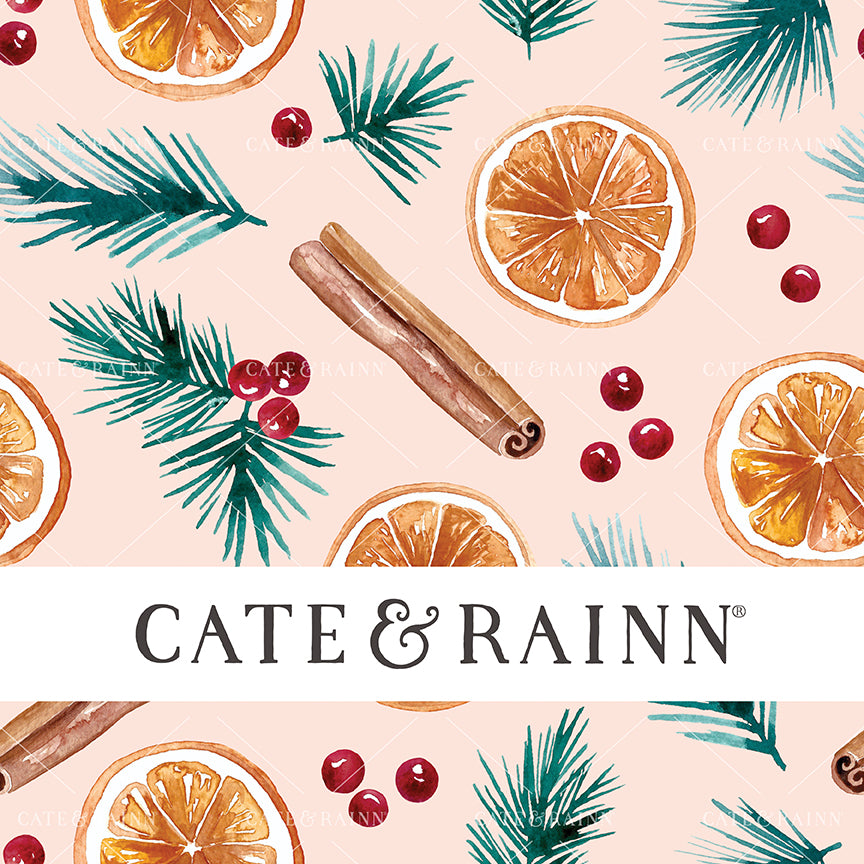 A pink Christmas seamless pattern design featuring watercolor orange slices, cinnamon sticks, holly berries and winter greenery.