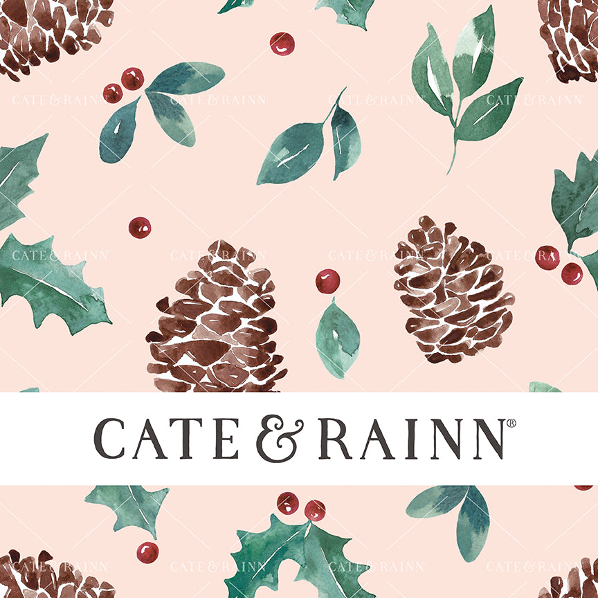 A seamless pattern design featuring watercolor holiday greenery, holly berries and pinecones on a pink background.