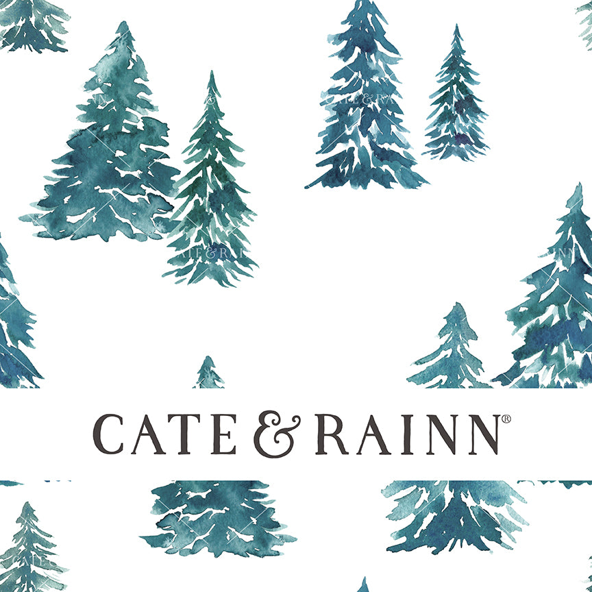 Blue toned watercolor Christmas trees seamless pattern design on a white background.