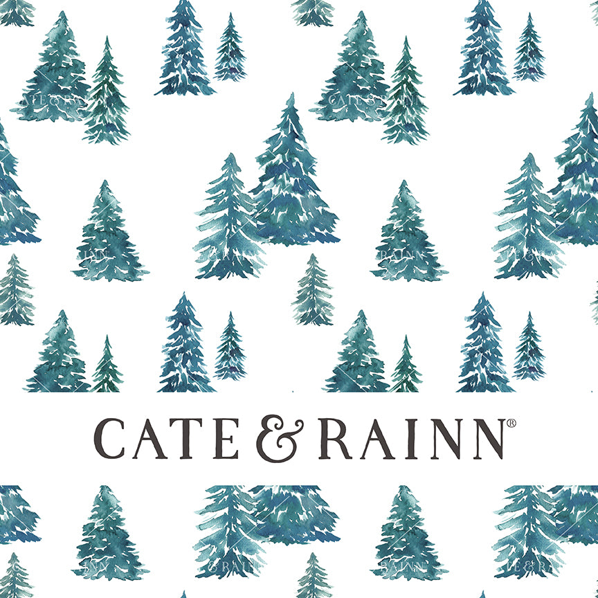 Blue toned watercolor Christmas trees seamless pattern design on a white background, small version.