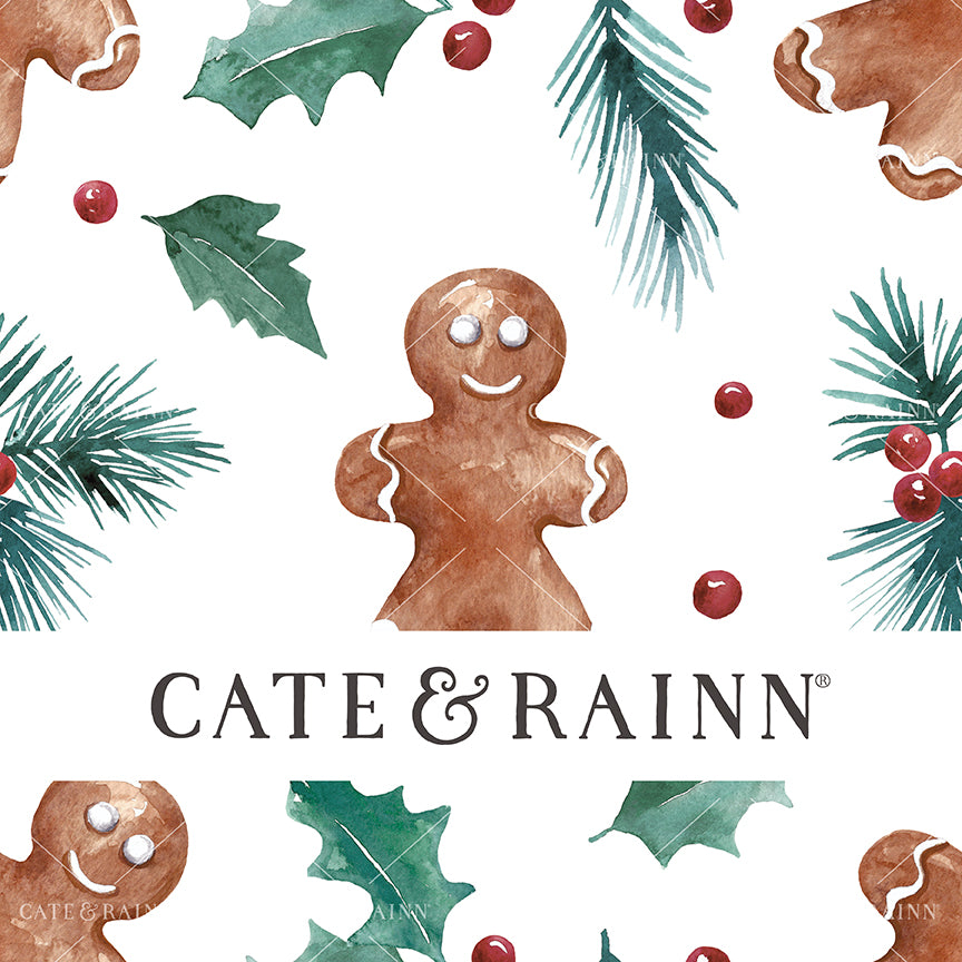 Seamless pattern design with watercolor gingerbread man with holiday greenery on a white background.