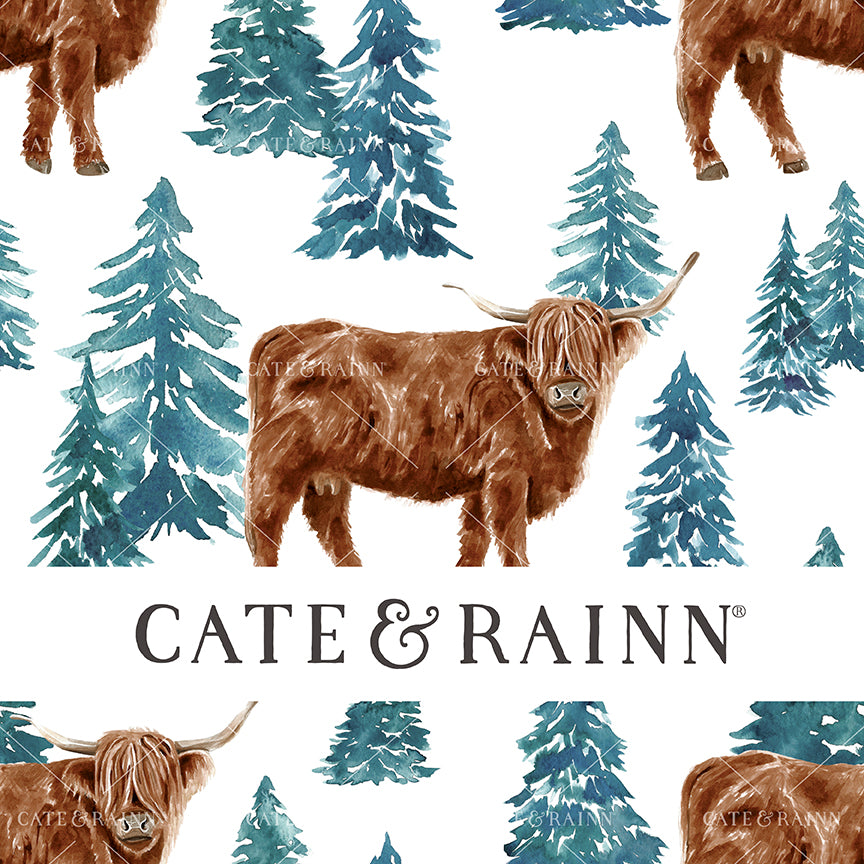 Seamless pattern design featuring a watercolor Highland cow and winter blue Christmas Trees on a white background.