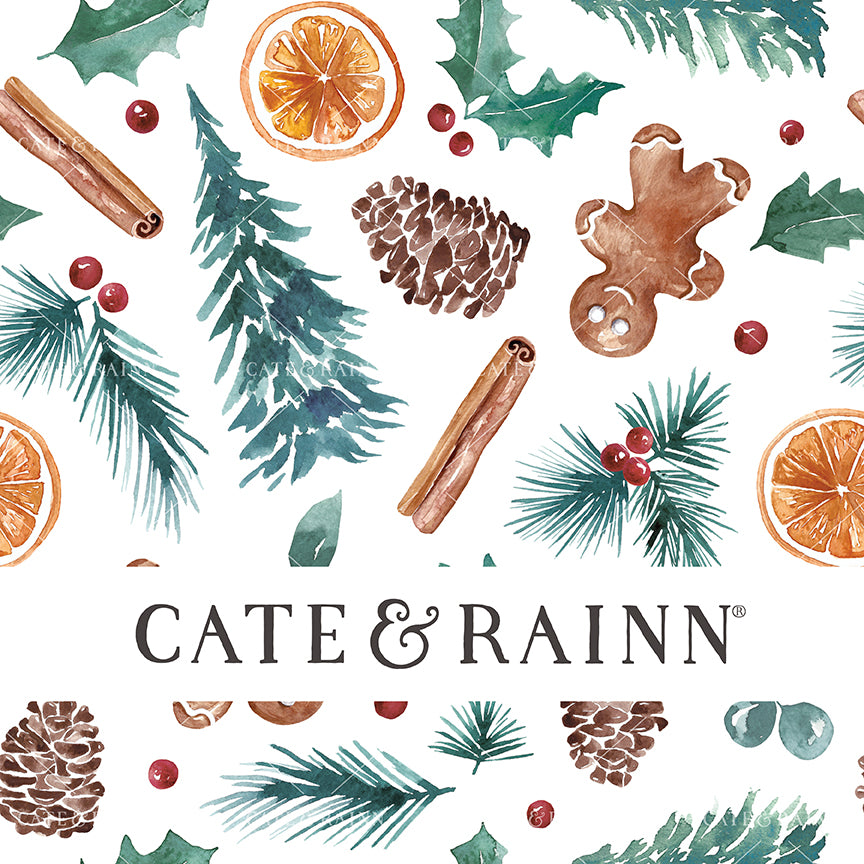 A Christmas seamless pattern design featuring watercolor Christmas trees, gingerbread men, orange slices, cinnamon sticks, holly berries, winter greenery and pinecones.