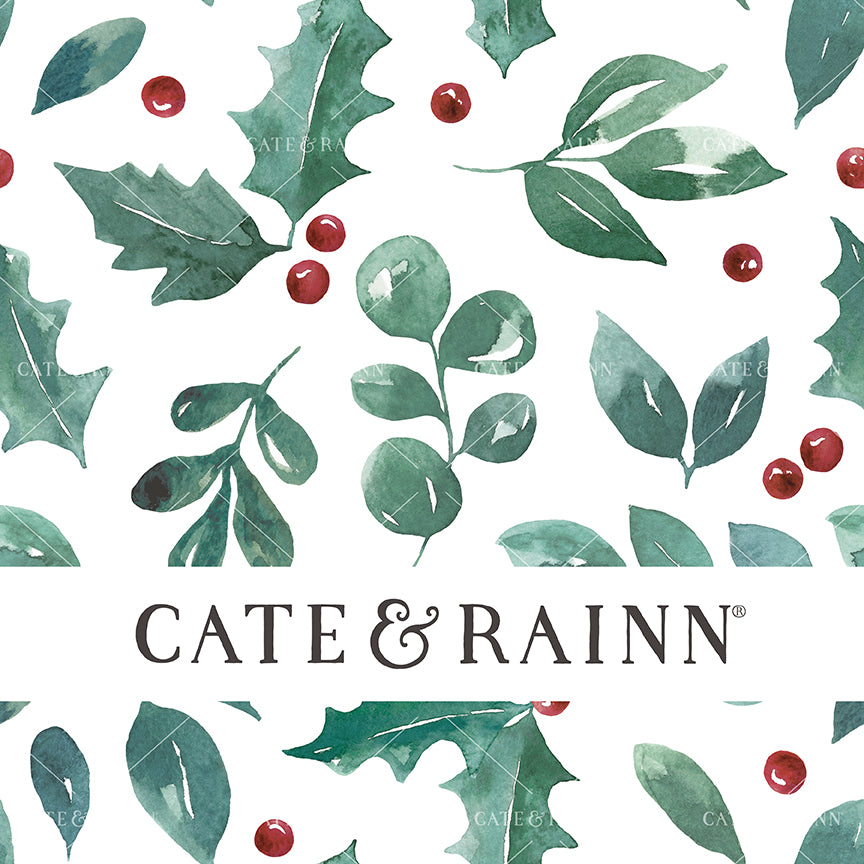 A seamless pattern design featuring watercolor holiday greenery and holly berries on a white background.