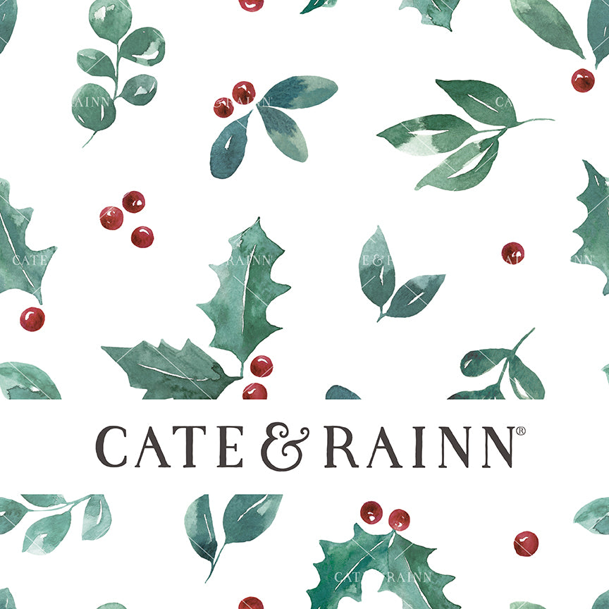 A seamless pattern design featuring watercolor holiday greenery and holly berries on a white background.