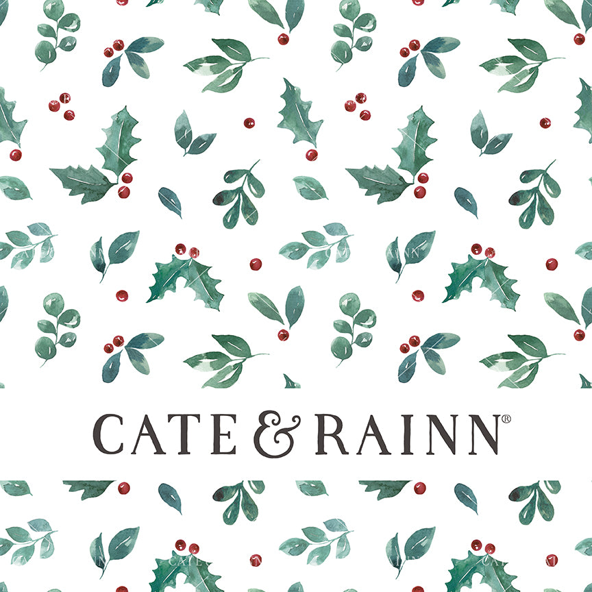 A seamless pattern design featuring watercolor holiday greenery and holly berries on a white background - small scale version.