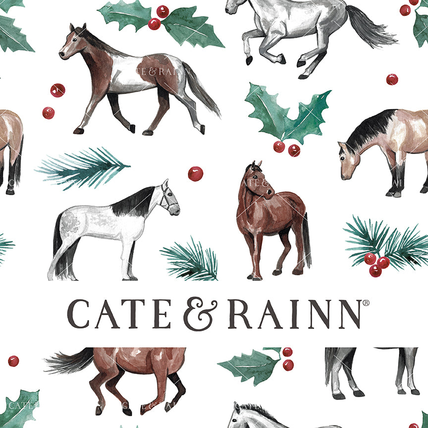 Seamless pattern design featuring a watercolor horses and winter greenery on a white background.