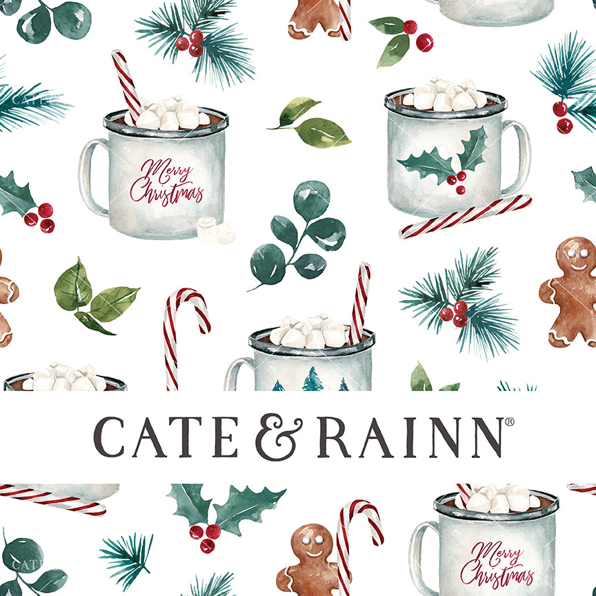 A cozy Christmas seamless pattern design featuring watercolor hot cocoa, gingerbread men, candy canes, holly berries, winter greenery on a white background.