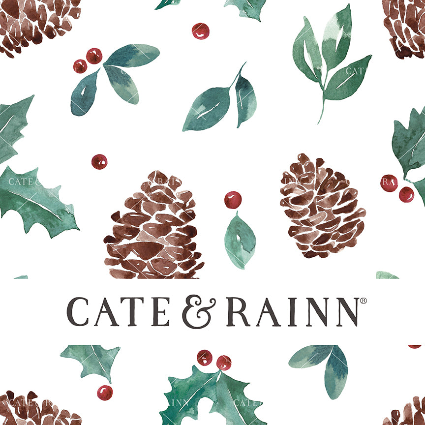 A seamless pattern design featuring watercolor holiday greenery, holly berries and pinecones on a white background.