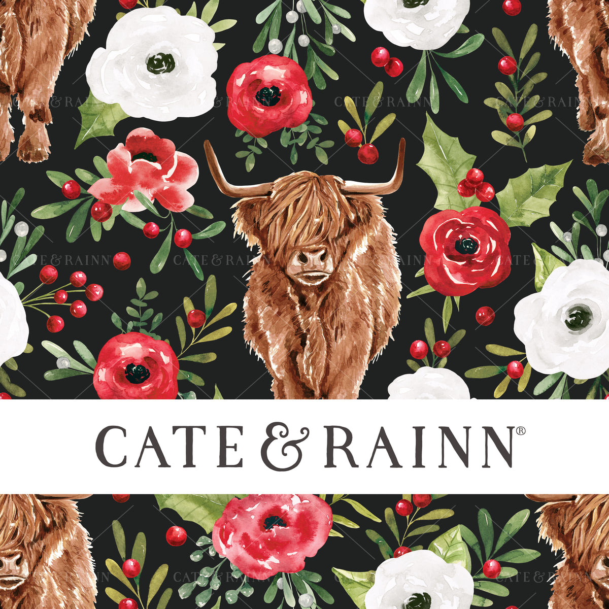 Holiday Highland Cow Christmas Floral by Cate and Rainn® ©2023