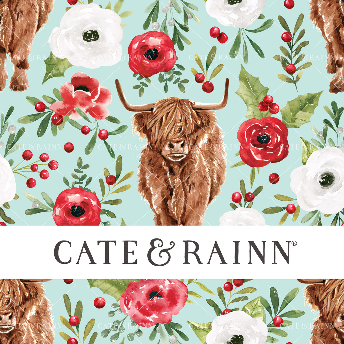 Holiday Highland Cow Christmas Floral by Cate and Rainn® ©2023