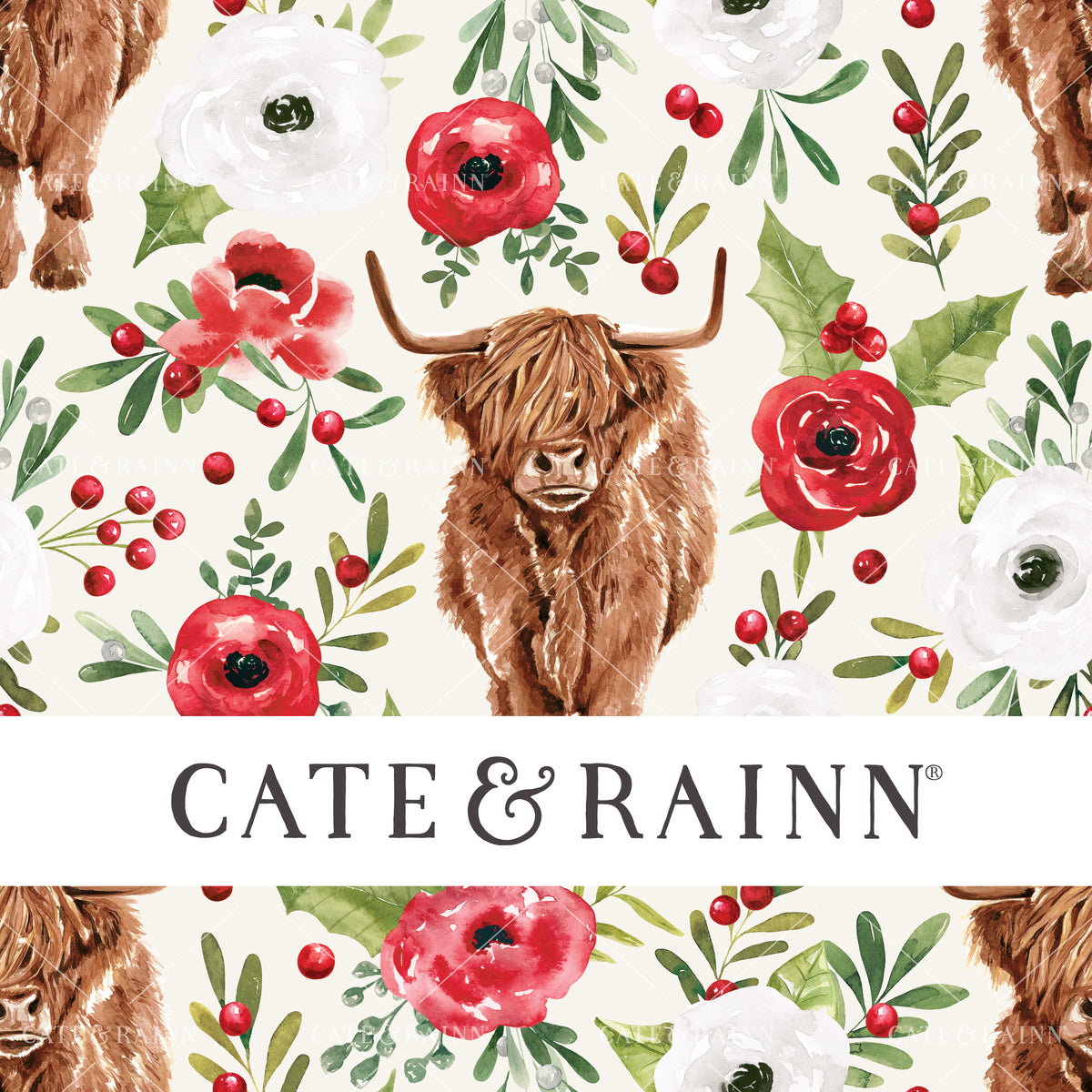 Holiday Highland Cow Christmas Floral by Cate and Rainn® ©2023