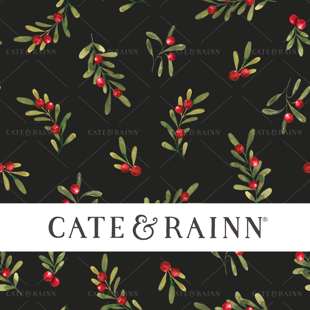 Christmas Sprigs and Berries Seamless Pattern by Cate and Rainn® ©2023 Cate &amp; Rainn®
