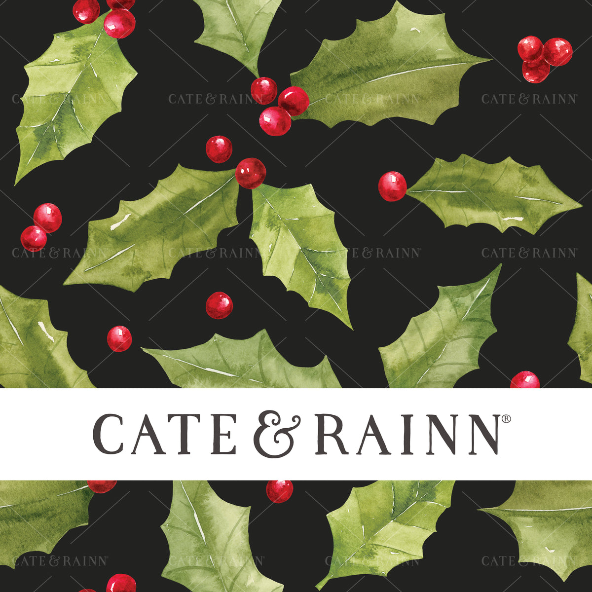 Christmas Holly and Berries Seamless Pattern by Cate and Rainn® ©2023 Cate &amp; Rainn®