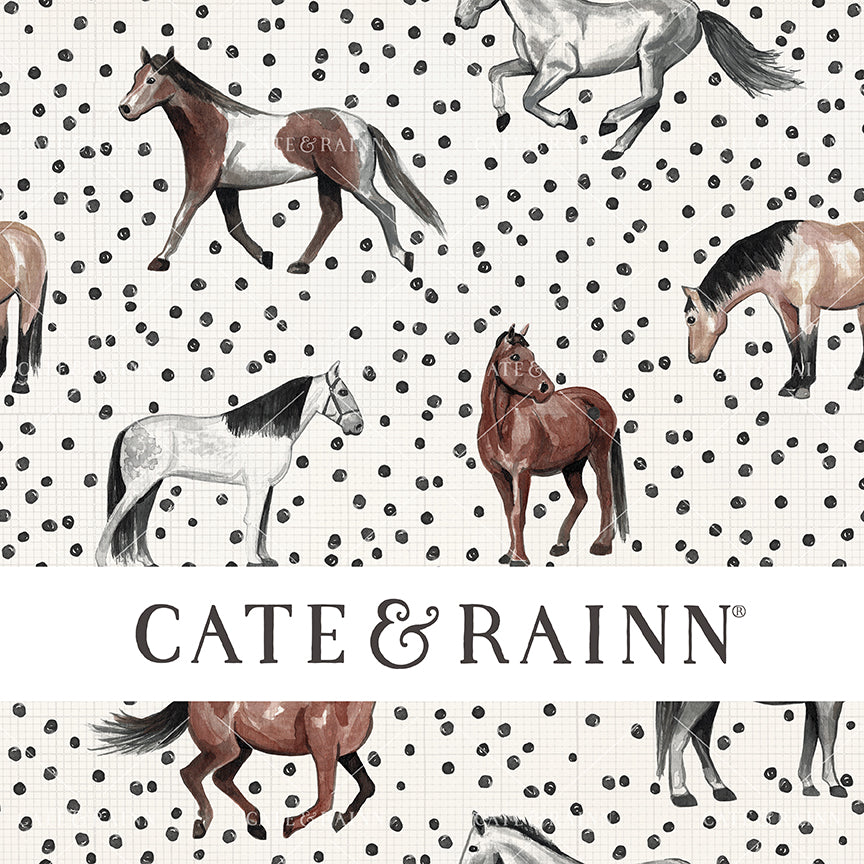 Pattern of watercolor horses on a cream background with boho dots and vintage grid pattern background featuring the brand 'Cate &amp; Rainn'.