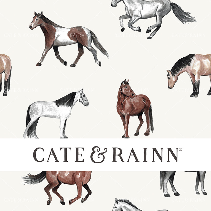 Pattern of watercolor horses on a cream background featuring the brand 'Cate &amp; Rainn'.