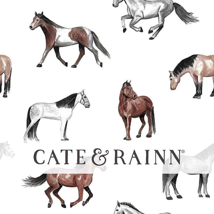 Pattern of watercolor horses on a white background featuring the brand 'Cate &amp; Rainn'.