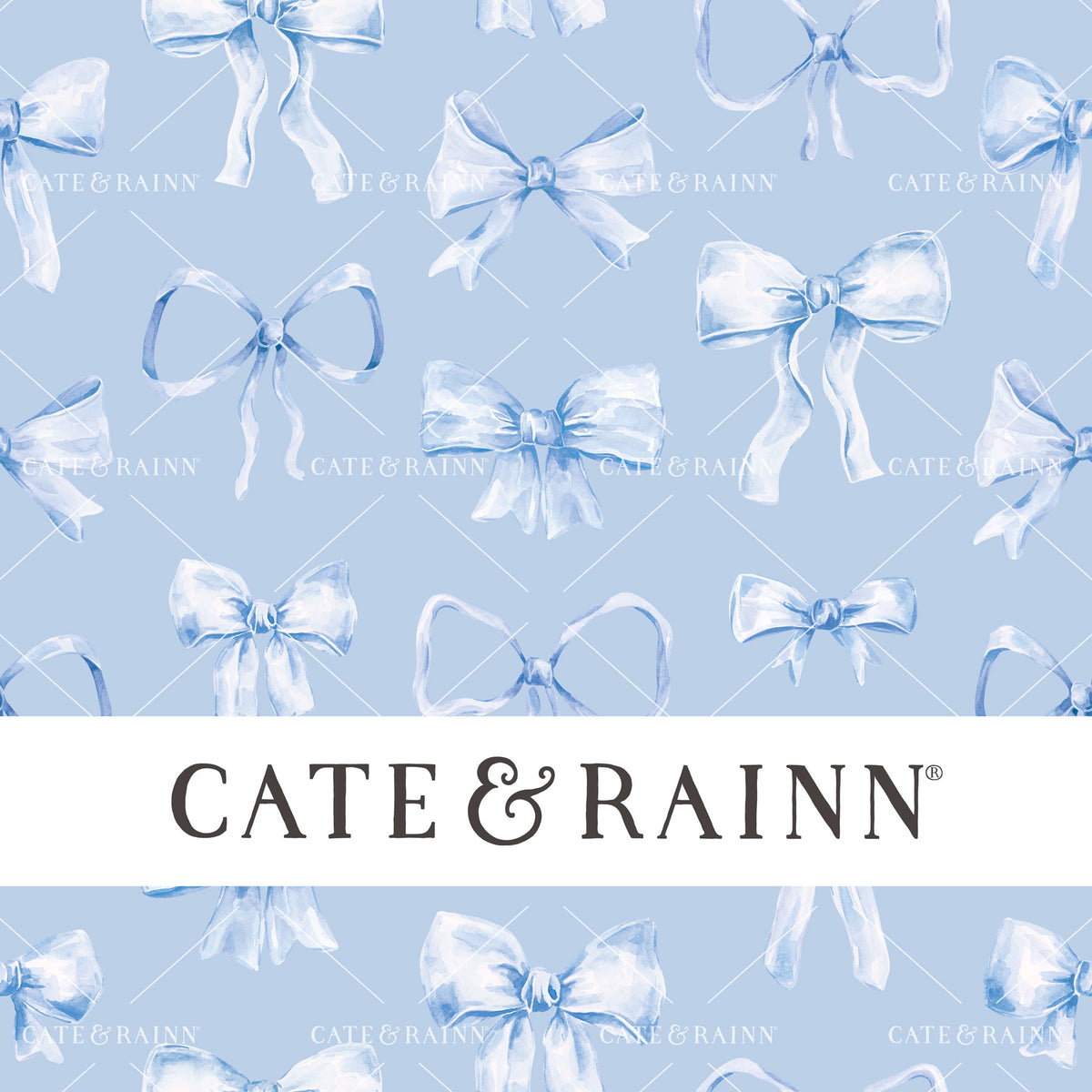 Pattern of blue watercolor coquette bows with 'Cate &amp; Rainn' branding on a blue background