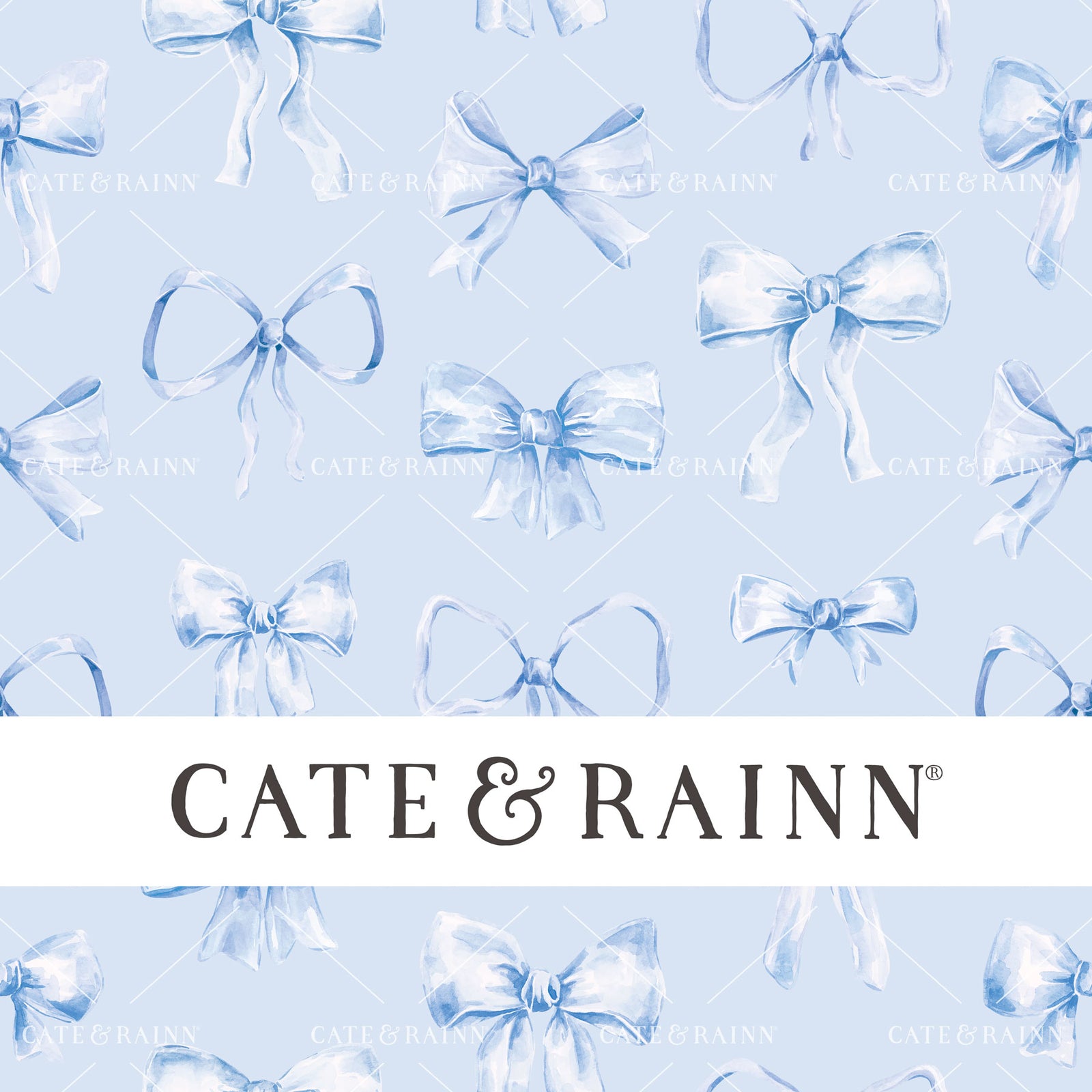 Decorative pattern for portfolio featuring blue watercolor bows with Cate and Rainn branding.