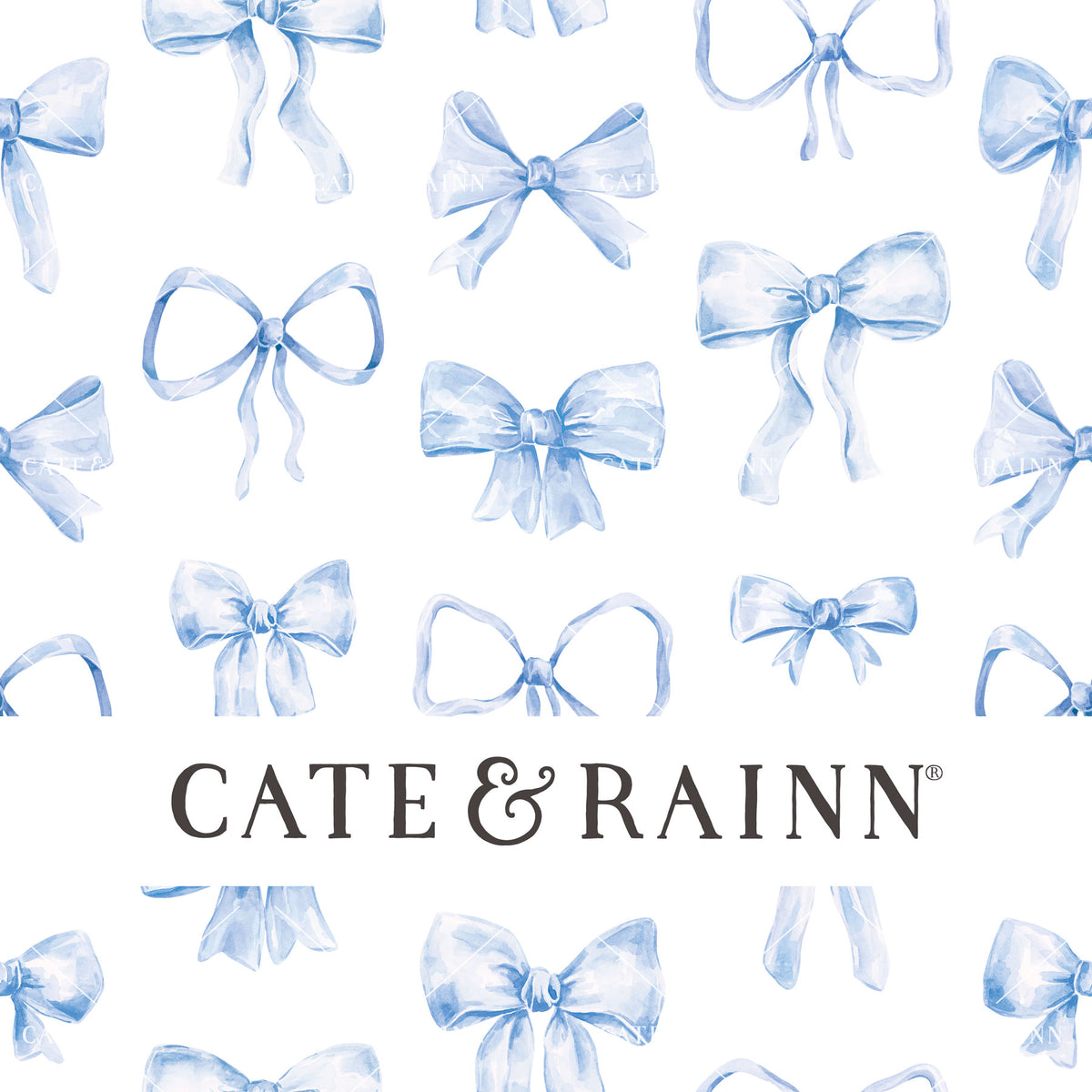 Decorative pattern for portfolio featuring blue watercolor bows with Cate and Rainn branding.
