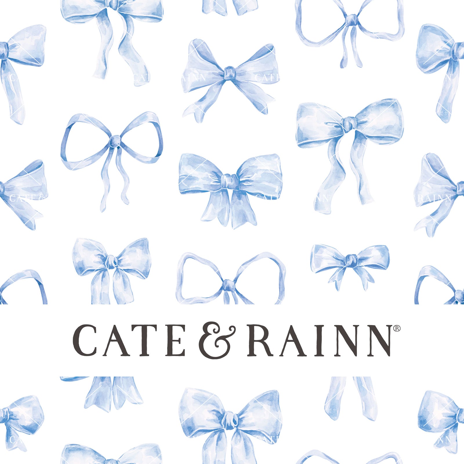 Decorative pattern for portfolio featuring blue watercolor bows with Cate and Rainn branding.