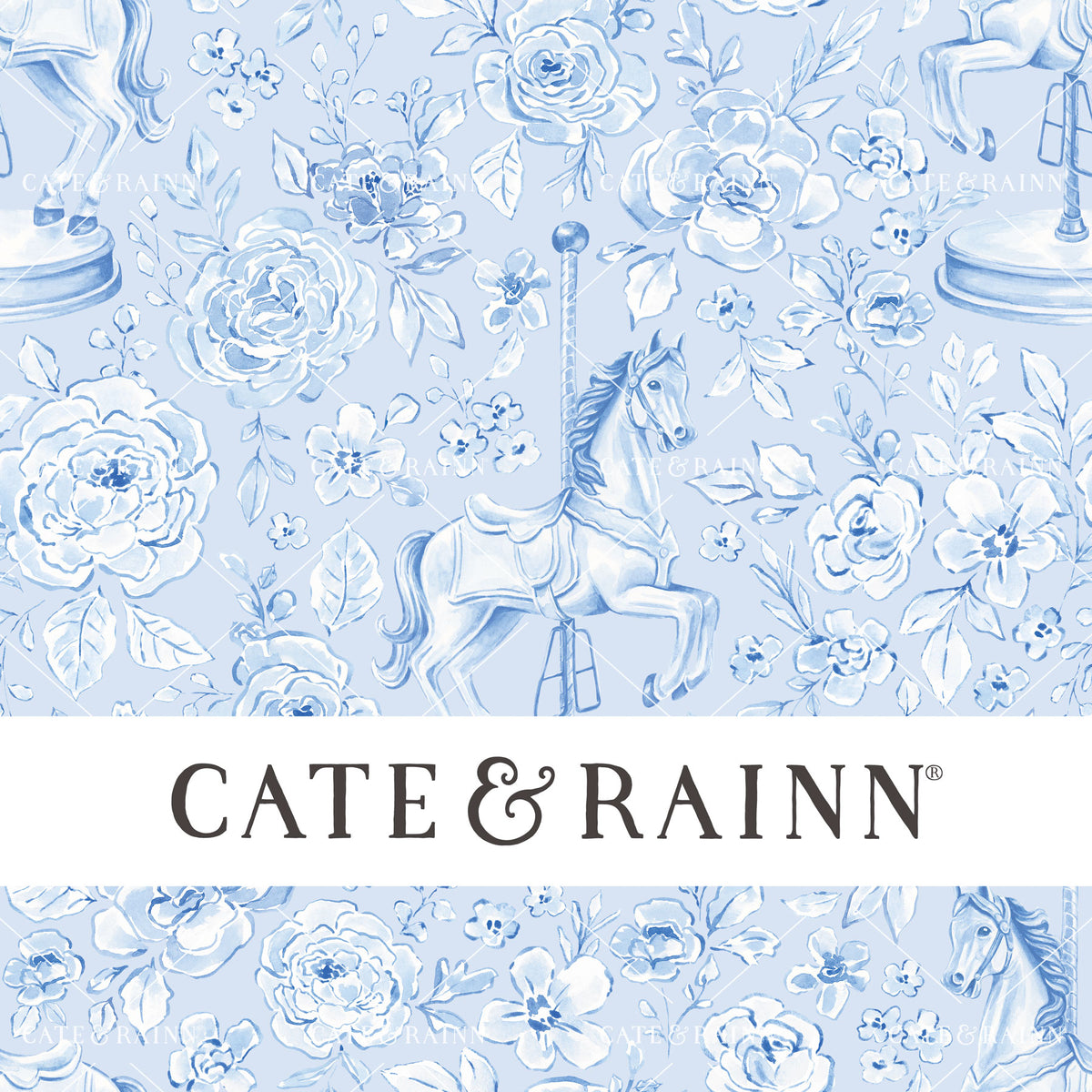 Decorative pattern for portfolio featuring carousel horse and flowers with Cate and Rainn branding.
