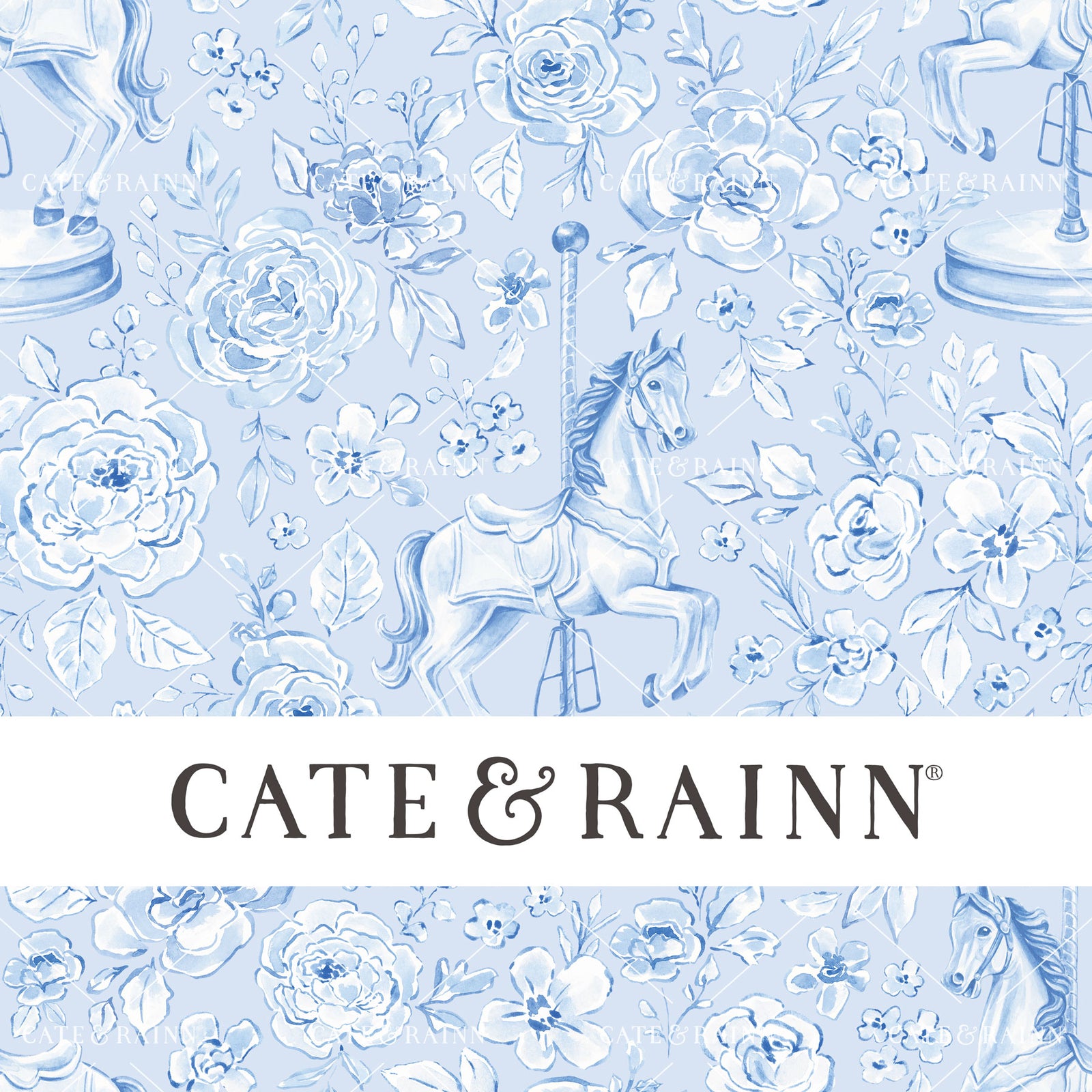 Decorative pattern for portfolio featuring carousel horse and flowers with Cate and Rainn branding.