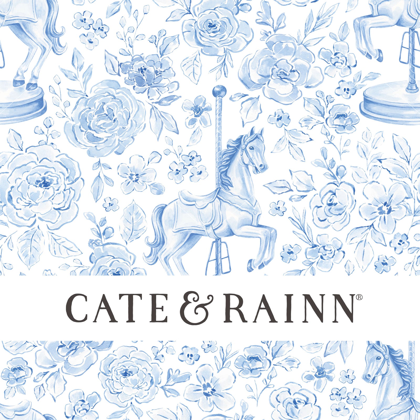 Decorative pattern for portfolio featuring carousel horse and flowers with Cate and Rainn branding.