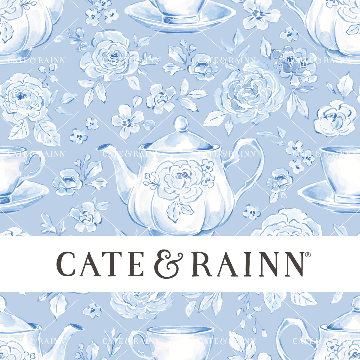 Cate &amp; Rainn romantic coquette style pattern with delicate teapots, teacups, and flowers on a blue background.