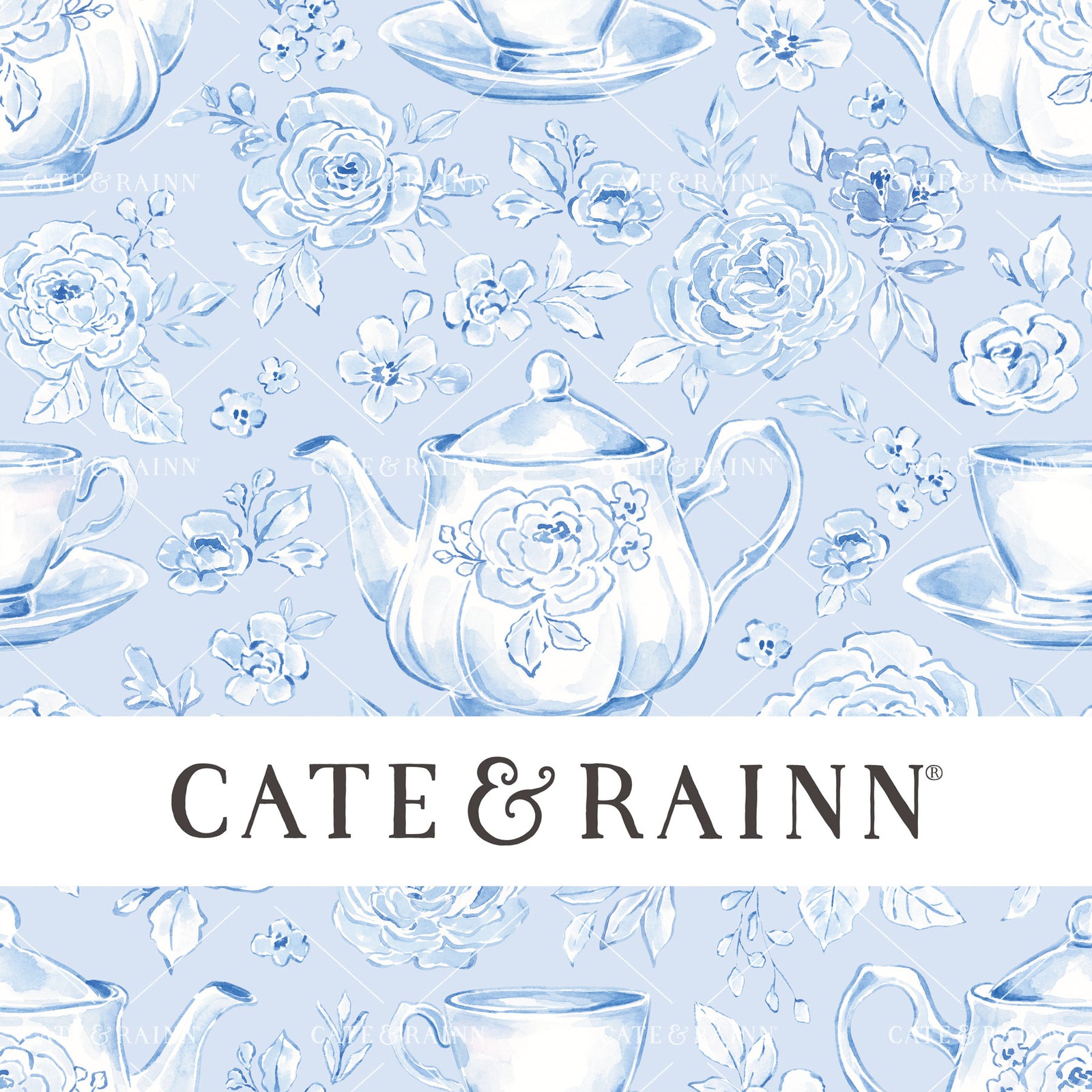 Decorative pattern for portfolio featuring blue coquette floral tea set with Cate and Rainn branding.
