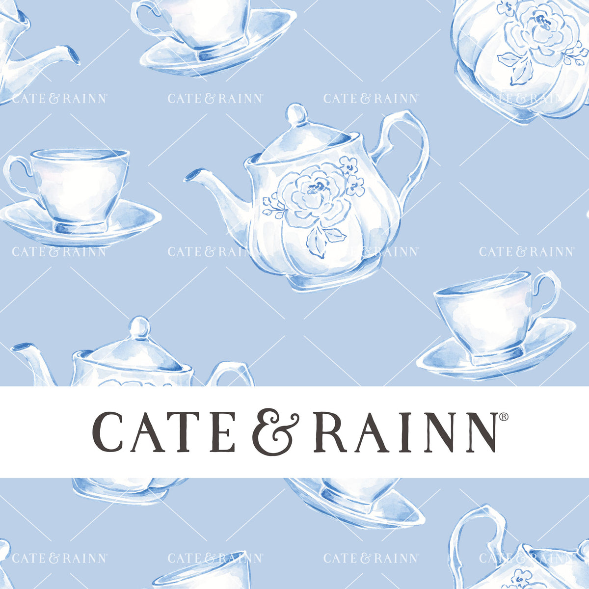 Watercolor tea pots with flowers, teacups, and saucers pattern with Cate &amp; Rainn branding on a blue background
