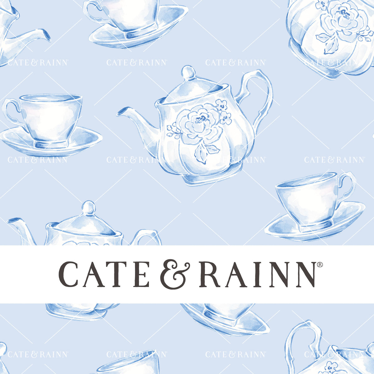 Decorative pattern for portfolio featuring blue coquette floral tea set with Cate and Rainn branding.