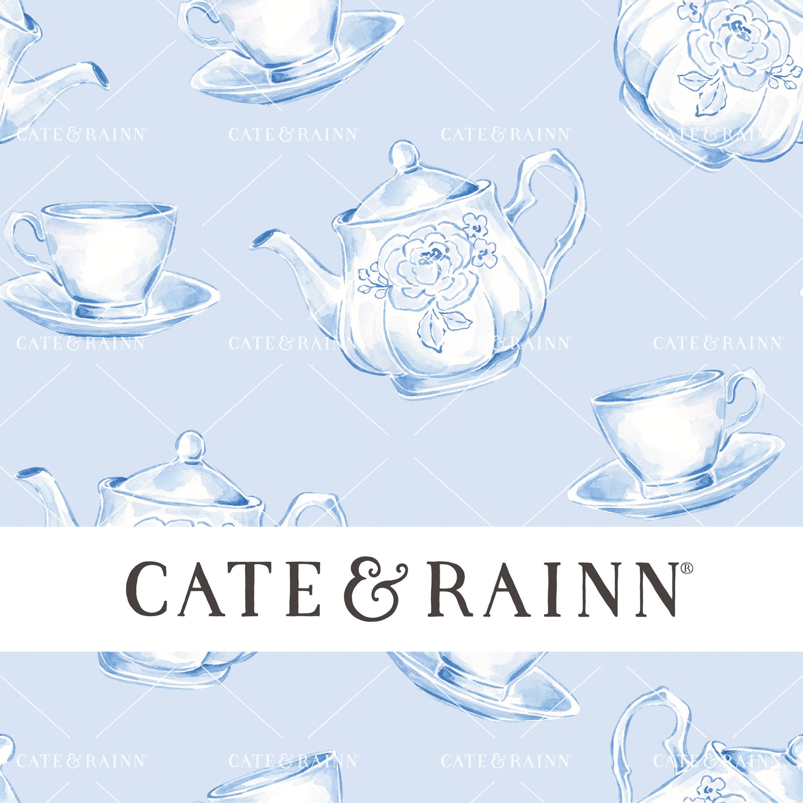 Decorative pattern for portfolio featuring blue coquette floral tea set with Cate and Rainn branding.